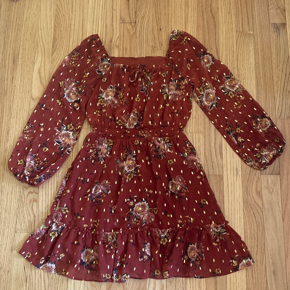 I.N. San Francisco Floral Long Sleeve Dress - Maroon